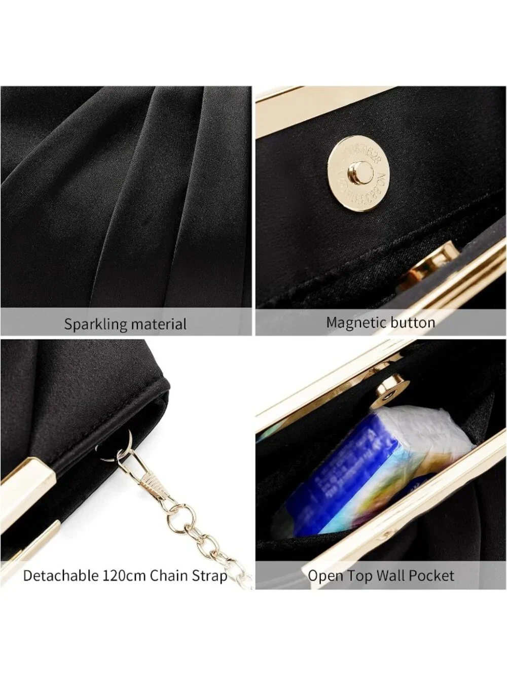 👜 Women's Black Satin Evening Bag Elegant Pleated Formal Clutch With Chain